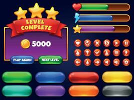 Game UI. Level complete menu with golden stars and buttons. Health bar, arrows and play button for mobile games interface vector illustration set