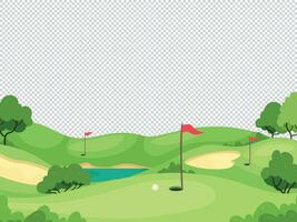 Golf background. Green golf course with hole and red flags for invitation card, poster and banner, charity play tournament vector template