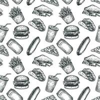 Fast food seamless pattern. Hand drawn pizza, burger and fries, hot dog, hamburger and cola for fast food menu wallpaper vector texture