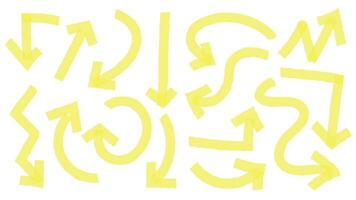 Hand drawn yellow highlighter arrows, pointers in different directions. Curly and wavy arrowheads and lines vector