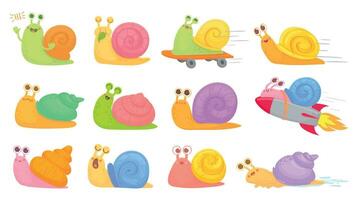 Cartoon snails. Slug on on startup rocket, skateboard and sleeping, yawning and fast vector kids characters set