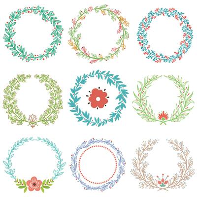 Floral ornament wreaths. Branches with leaves circle frame, laurel wreath and decor plants ornamental round frames vector set.