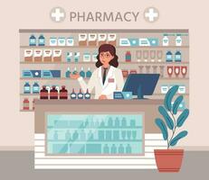 Pharmacist. Pharmaceutical consultant behind counter in drugstore, shelves with medication, pharma consultation healthcare vector concept.