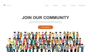 Join our community. Crowd of united people as a business or creative community standing together. Flat concept vector website template and landing page design for invitation to summit or conference