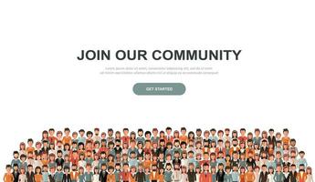 Join our community. Crowd of united people as a business or creative community standing together. Flat concept vector website template and landing page design for invitation to summit or conference