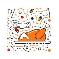 Baked turkey as american traditional food with cranberry sauce. Family event in November. Textured graphic icon. Celebration and party. Thanksgiving dinner meal hand drawn flat vector illustration