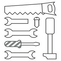 tool icon set. Collection of household utensils icons in line style. Suitable for design to introduce carpentry tools to children. Coloring educational media with a tool theme vector