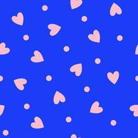 Repeating pink hearts and polka dots on a blue background. Endless romantic print. Vector illustration.