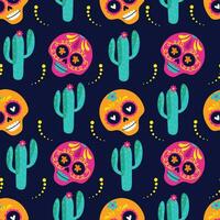 Seamless Pattern with cactus and skull. Cinco de Mayo pattern repeating background. Vector illustration on a dark background.