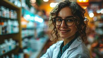 AI generated Pharmacist woman wearing white coat photo