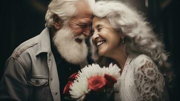 AI generated Elderly happy couple holding flower bouquet. Generative AI photo