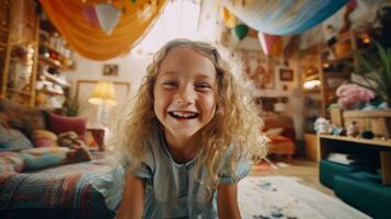 AI generated Little girl laughing and taking selfie in her colorful room. Generative AI photo