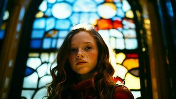 AI generated Adolescent girl dressed in historical clothes in a historic interior. Generative AI photo