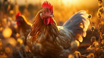 ai generado el dos gallinas fueron en pie en un campo foto