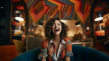 AI generated Happy photo of young woman in a colorful room. Generative AI