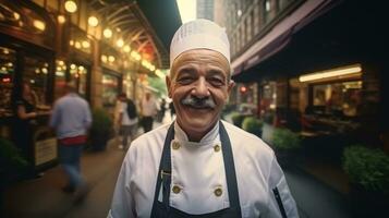 ai generado cocinero en pie en el calle en frente de un restaurante. generativo ai foto