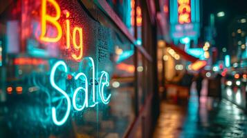 AI generated Photo of a shop window with Big Sale sign in neon lighting