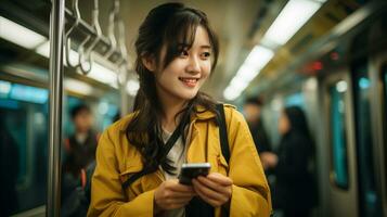AI generated Photo of young Asian girl holding a phone in the subway explaining the importance of public transportation