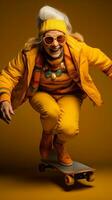 AI generated an old woman in yellow outfit on skateboard photo