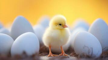 ai generado joven polluelo en pie entre huevos foto