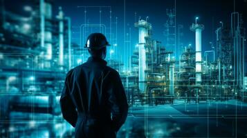 AI generated A worker in a hard hat inspecting an oil refinery for safety and productivity.. Generative AI photo
