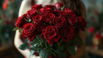 ai generado mujer participación un ramo de flores de rojo rosas foto