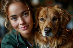 AI generated Candid photo of female veterinarian and golden retriever