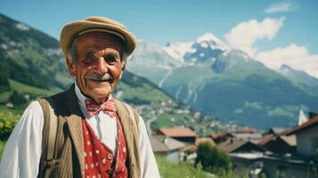 AI generated Old man in a village with lush mountain view. Generative AI photo