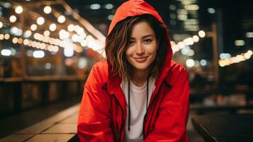 AI generated Sporty happy young girl is sitting on the street at night time. Generative AI photo