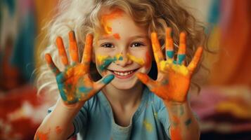 AI generated a little girl is celebrating with colorful paint on her hands photo