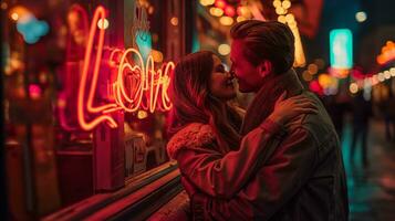 AI generated Couple hugging each other in front of a shop with love written in neon lights photo