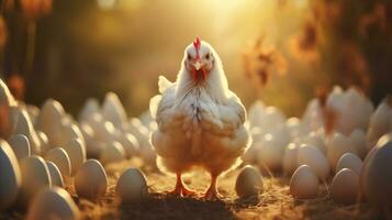 AI generated farm chickens standing together with eggs photo