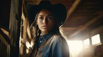 AI generated Young girl on the farm wearing a cowboy hat. Generative AI photo