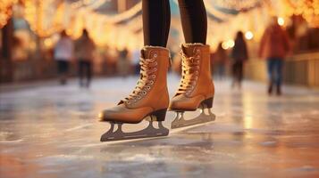 ai generado el piernas de un hielo patinador y Zapatos en hielo foto