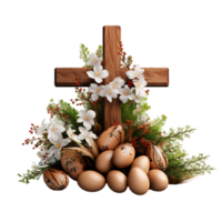AI generated Realistic easter christian cross composition with ornate text and colored eggs with flowers png
