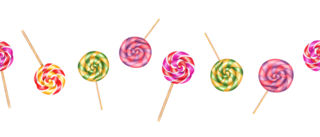 Spiral lollipops, circle candies. Seamless border. Bonbons with striped swirls, sugar caramel on stick. Watercolor illustration for stationery, candy shop, store png