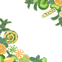 Fruit and peppermint candies, Lollipop, Heart-shaped caramels, jelly, mint branch. Bonbons with striped swirls, sugar caramel on stick. Fresh mint sprigs. Watercolor illustration. Space for text png