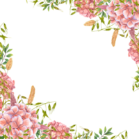 cuadrado marco con hortensia, lagurus, salvaje avena. flor, verdor y jardín plantas. Copiar espacio para texto. acuarela ilustración para postales, saludo diseño, invitación. png