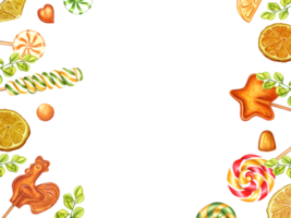 oranje gearomatiseerd lolly. horizontaal kader, kopiëren ruimte voor tekst. citrus karamels van verschillend vormen, fruit gelei, oranje plakjes. suiker karamel Aan stok. waterverf illustratie png