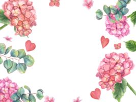 Hydrangea, petal flowers, eucalyptus branches and pink hearts. Hortensia, leaves, love. Horizontal frame with copy space for text. Watercolor illustration for greeting, invitations. png