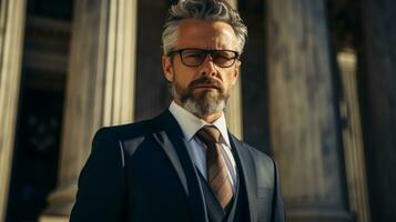AI generated Elegantly dressed lawyer man posing in front of courthouse. Generative AI photo