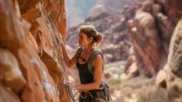 AI generated A woman clad in climbing gear, scaling a challenging rock face with skill and determination. photo