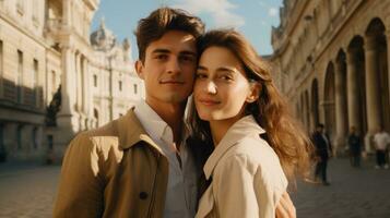 AI generated Young couple posing hugging in front of a historical building. Generative AI photo