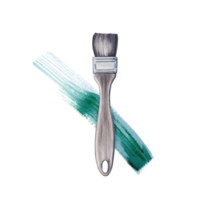 Stylish flat paint brush with emerald green brush stroke. Hand drawn watercolor illustration isolated on transparent background. World Art Day element for art classes, stores, flyers, ads, web designs png