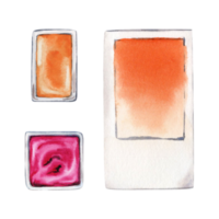 persika ludd swatch kort och två kokkärl av måla. orange och rosa. topp se av de konst leveranser objekt. vattenfärg illustration isolerat på transparent bakgrund. konst värld dag element för konst klasser png