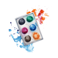 Set of watercolor paints in a palette with colorful splatter. Watercolor illustration isolated on transparent background. Art World Day collection for art classes, stores, flyers, ads, web designs png