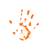 Right hand orange handprint. Paint stains abstract background. Watercolor illustration isolated on transparent background. World Art Day collection for art classes, stores, flyers, ads, web designs png