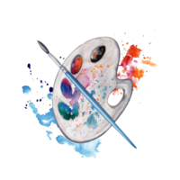 Artistic palette, brush with colorful paint splatter background. Watercolor illustration isolated on transparent background. Art World Day collection for art classes, stores, flyers, ads, web designs png