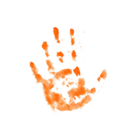 links hand- oranje handafdruk. verf vlekken abstract achtergrond. waterverf illustratie geïsoleerd Aan transparant achtergrond. wereld kunst dag verzameling voor kunst klassen, winkels, flyers, advertenties, web ontwerpen png