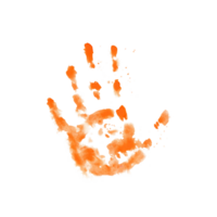 Left hand orange handprint. Paint stains abstract background. Watercolor illustration isolated on transparent background. World Art Day collection for art classes, stores, flyers, ads, web designs png